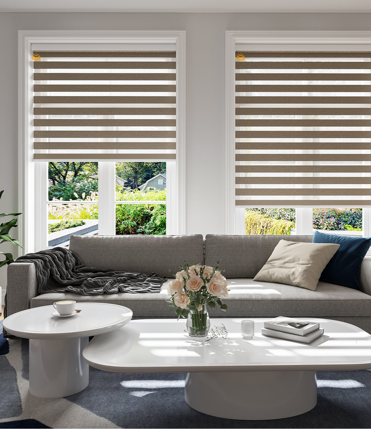 contemporary room with window treatment