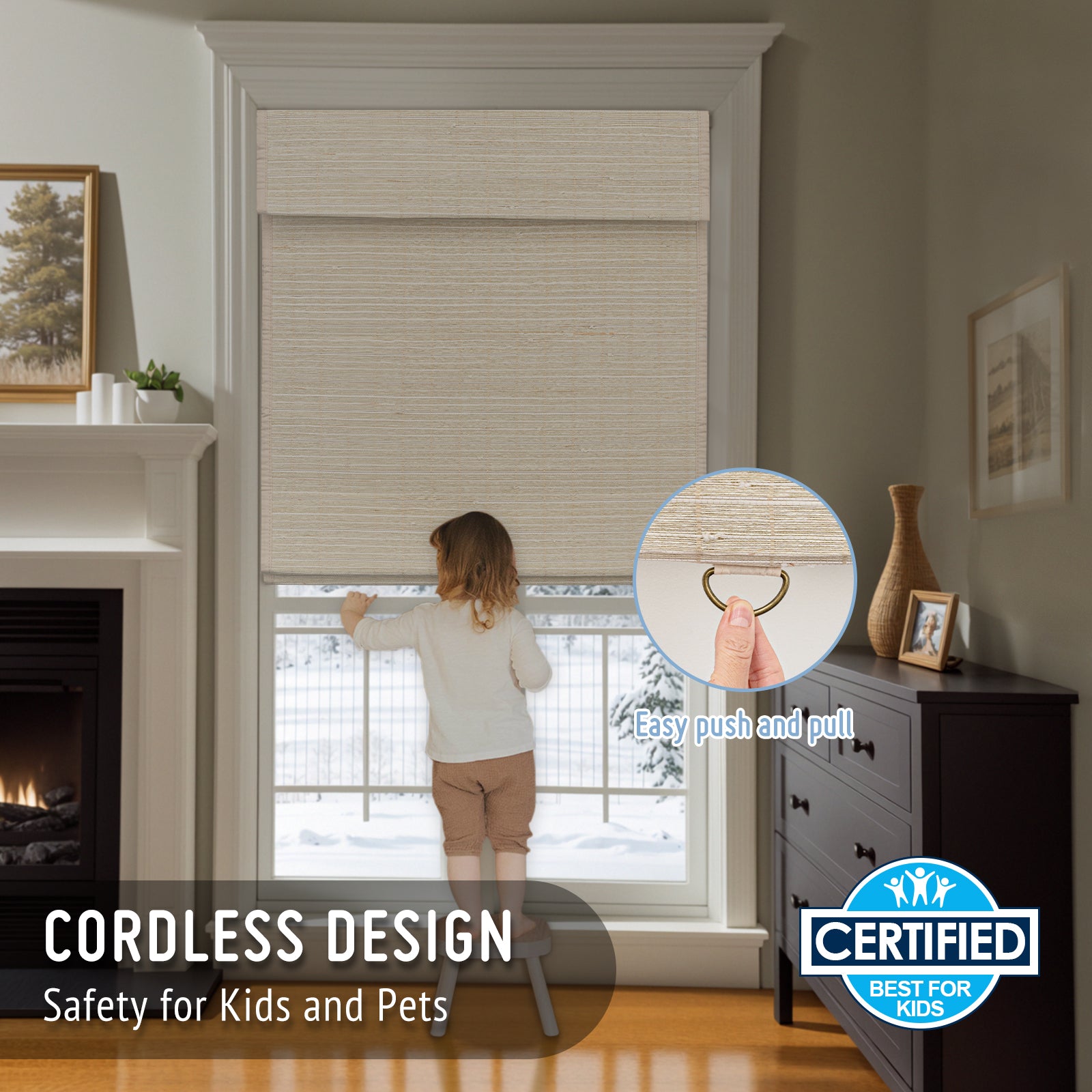 Keego No Drill Natural Fabric Bamboo Roman Shades Cordless