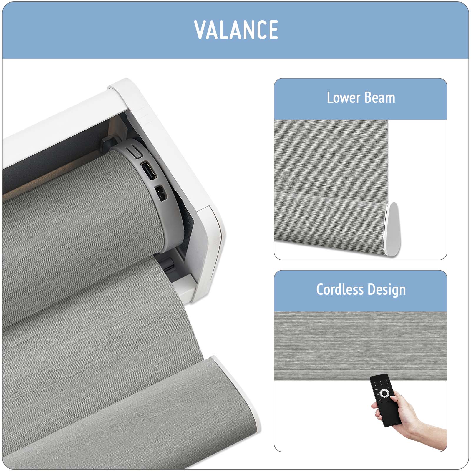 Keego MicroDim electric roller blinds with valances Grey-23-5747