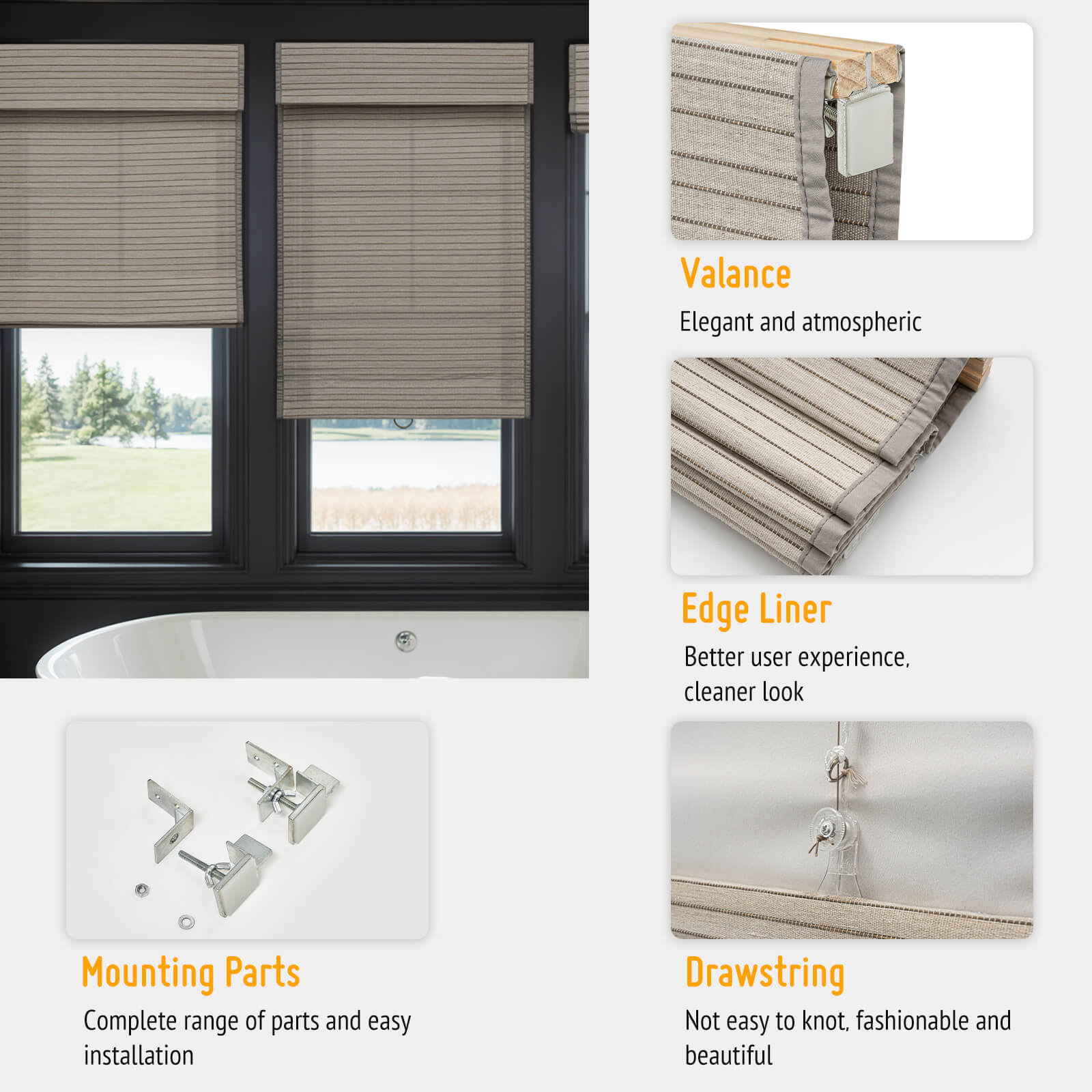 Keego No Drill Natural Fabric Bamboo Roman Shades Cordless