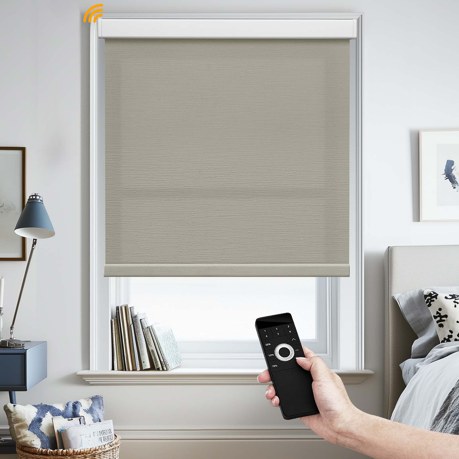 Keego MicroDim Motorized Roller Shades With Metal Valance Mocha-44-5747